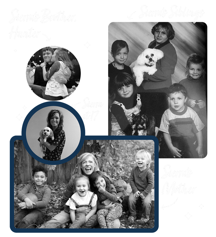 Black-and-white collage showing Groom Curriculum co-founder Sierra Elbert with her mother and siblings, representing the family roots of professional dog grooming