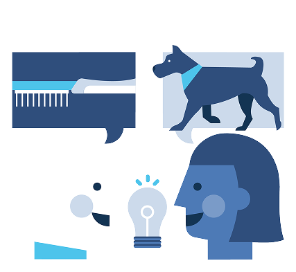 Illustration of dog and grooming tools representing Groom Curriculum instructor network and professional education