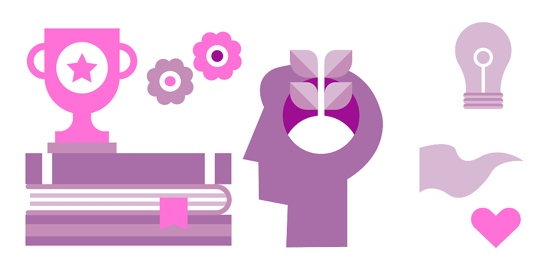 Illustration of trophy, books, and lightbulb icons symbolizing professional growth and continuing education for dog groomers
