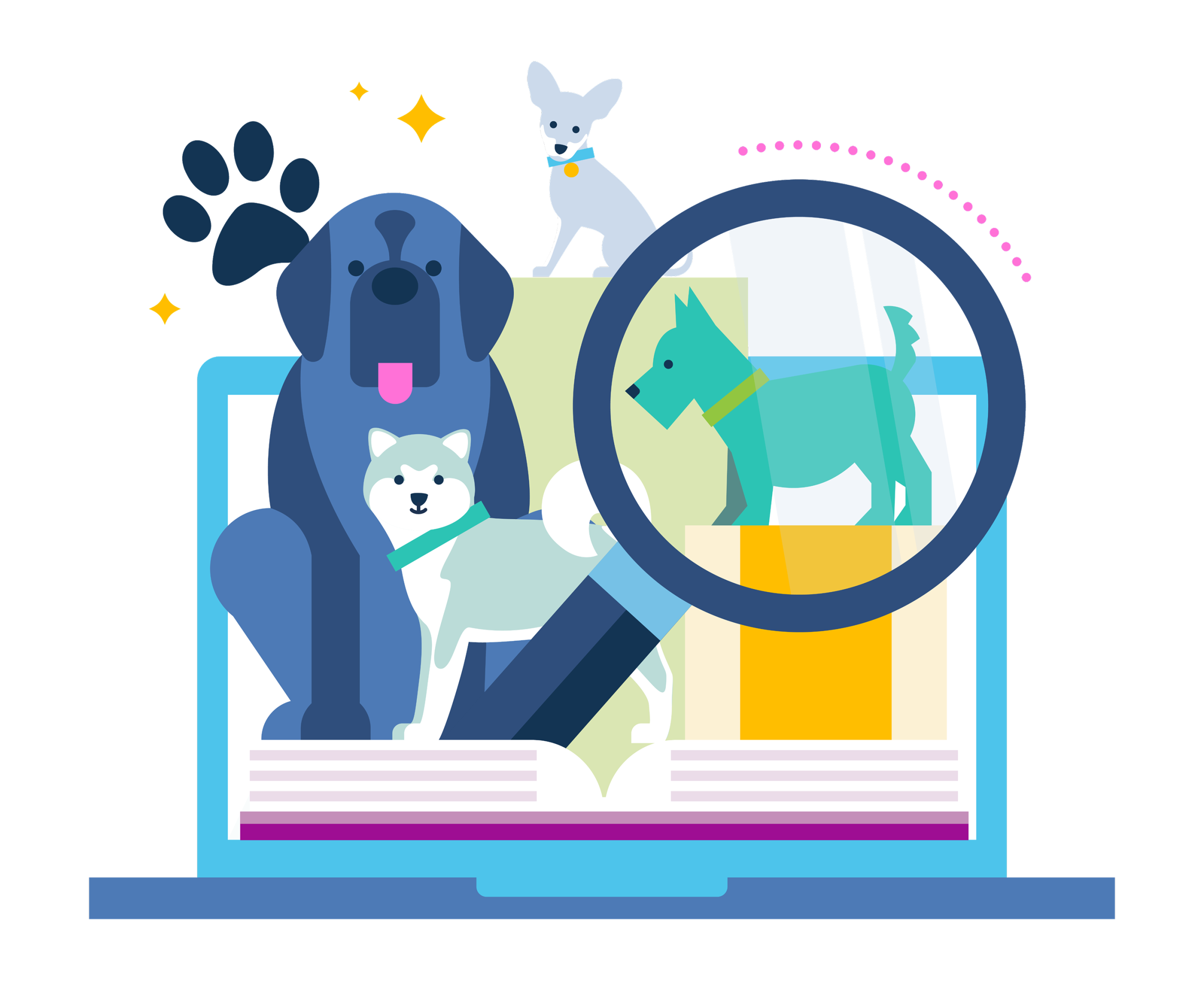 Illustration of dog groomer and dogs symbolizing professional grooming education and training at Groom Curriculum