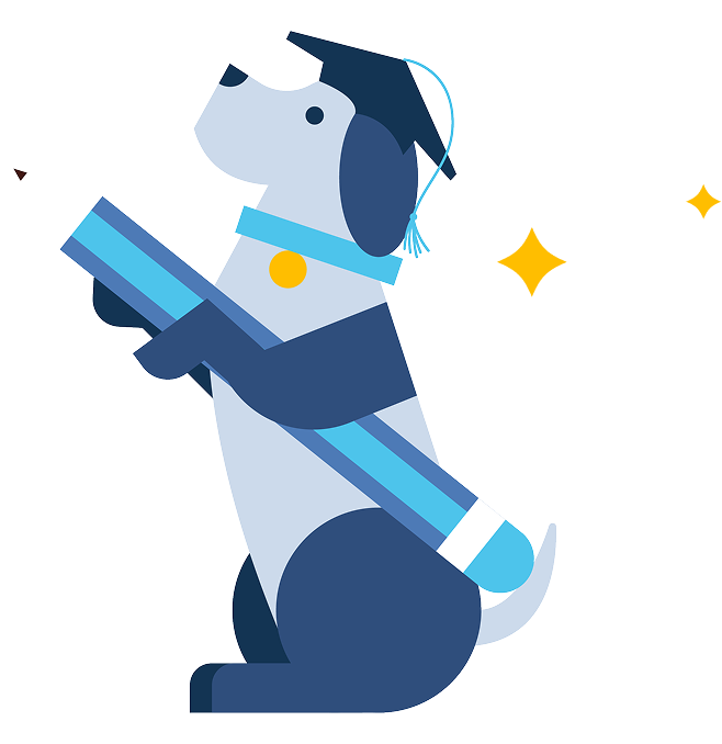 Illustration of cartoon dog in graduation cap holding pencil representing Groom Curriculum’s Salon Lead Program for grooming education