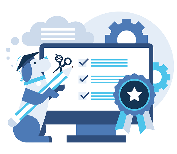 Illustration of person completing credential checklist representing Groom Curriculum’s industry-certified dog grooming program