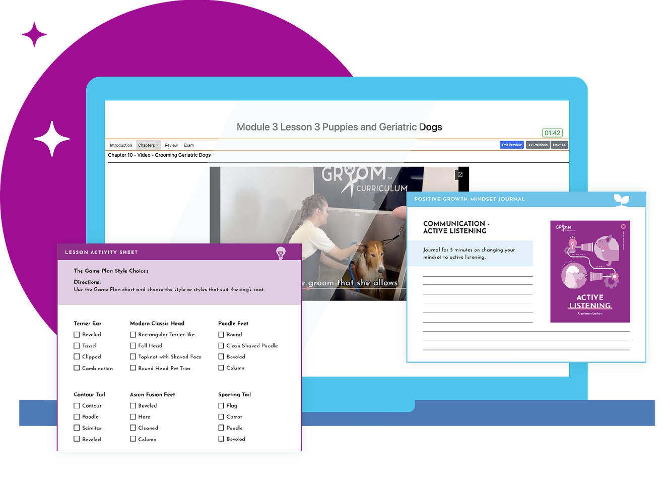 Illustration showing screenshots of Groom Curriculum's LMS system