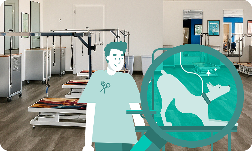 Illustration of Groom Curriculum’s online learning platform displaying lesson on puppy genetics and grooming education modules