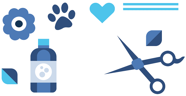 Illustration of grooming tools and dog care icons representing professional dog grooming education